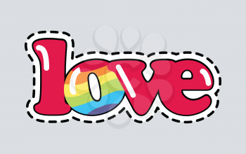 Love. Cut it out. Illustration of isolated icon. Romantic inscription. Letters different in colour. Red hue and colour of rain bow. Patch. Decoration. Garnish. Cartoon design. Flat style. Vector
