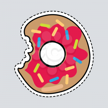 Bitten donut logo patch. Cut out doughnut sticker in flat design. Chocolate doughnut with caramel, jam isolated. Cookies, cake bakery, dessert menu, snack pastry, tasty. Glaze donut shop icon. Vector