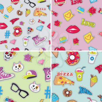 Seamless patterns set with patch objects for teens. Cap, sport footwear, pizza, bitten doughnut, cat, human skull with flower, diamond, lips, glasses, ice cream, love, cocktail thunder sign hashtag