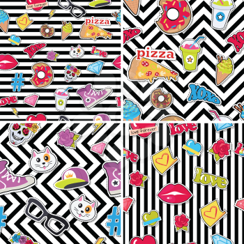 Seamless patterns set with patch objects for teens. Cap, sport footwear, pizza, bitten doughnut, cat, human skull with flower, diamond, lips, glasses, ice cream, love, cocktail thunder sign hashtag