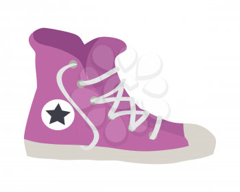 Isolated violet sport footwear. Illustration of one sneaker with white loosed shoelace. Fashionable shoes for people. White sole. White circle with black star. Cartoon design. Flat style. Vector