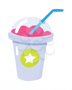 Pink smoothie in closed cup with blue straw. Tasty cocktail. Transparent round lid. Circle with white star. Take away food. Healthy meal. Illustration of isolated cardboard glass. Flat design. Vector