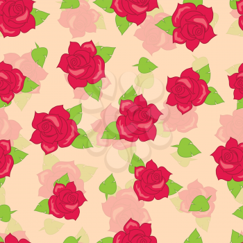Red rose with green leaves seamless pattern. Illustration of isolated big blossoms in cartoon style walllpaper, wrapping paper. Fashion decoration endless texture. Floral embellishment. Vector