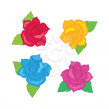 Red blue pink purple rose with green leaves. Illustration of isolated big blossoms in cartoon style. Fashion. Decoration. Accessory. Rosebud ornament. Floral embellishment. Flat design. Vector