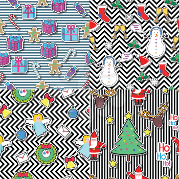 Snowman, socks, speech bubble, mistletoe, snowflakes, glasses, gift boxes, candies, angel, wreath, bell tree santa clause seamless pattern on abstract Christmas elements in cartoon style Vector