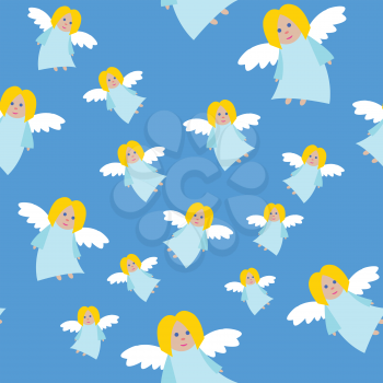 New Year big angels seamless pattern. Light blue long dress. Fair hair and blue eyes. Small flying girl. White straightened wings. Cartoon style. Flat design. Wallpaper design endless texture. Vector
