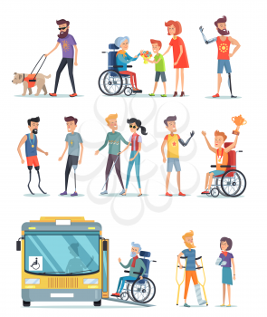 Disabled people and help for them poster on white. Assistance for blind boy and girl woman, boy and men on carriage people with artificial parts of body. Vector illustration of kind attitude