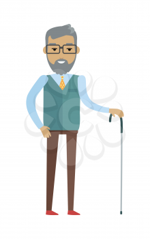 Old smiling bearded man with walking stick. Old man in glasses, blue sweater, brown pants and tie. Smiling man personage in flat design isolated on white background. Vector illustration.