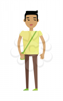Young european man in yellow t-shirt and brown trousers with leather bag. Caucasian beautiful boy. Attractive teenager gentleman in casual clothes. Part of series of people of the world. Vector