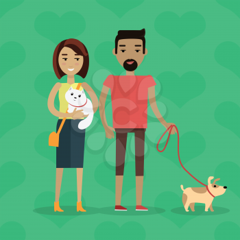 Walking with pets vector concept. Flat design. Young caucasian woman with cat on hands stroll with black man with dog on leash. Care of domestic animals. On green background with hearts