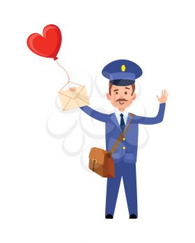 Valentine post and isolated mailman with bag, letter and heart balloon in hand on white background. Waving postman greets you. Vector illustration of Valentine s delivery in cartoon style