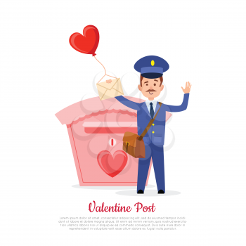 Valentine post and isolated mailman with bag, letter and heart balloon in hand on white. Pink mailbox with red heart and postman that waves and text. Vector illustration of Valentine s delivery