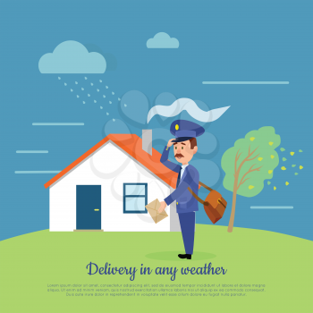 Delivery in any weather. Postman delivers your letters at any weather conditions. Mailman with package near house in rainy day. Express messenger in storm and disaster vector illustration in cartoon