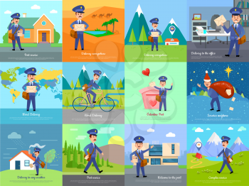 Set of icons with postman characters and mail boxes. Mailman bringing common and love letters, bicycle, hurrying. Collection of various postboxes different in shape, colour, size. Vector illustration