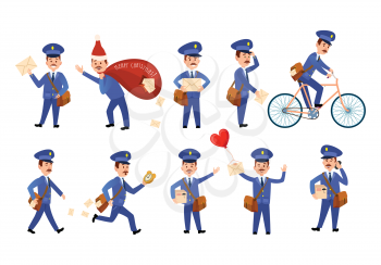 Postman characters with love, ordinary letter and parcels, brown and red bags, post male person on bicycle, speaking over cell phone and hurrying. Vector poster of mailman delivery job on white