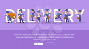 Delivery conceptual web banner with cartoon postman characters. Funny postal couriers with letters and parcels flat vector illustration. Horizontal concept with mailman for mail service landing page
