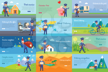 Set of icons with postman characters and mail boxes. Mailman bringing common and love letters, bicycle, hurrying. Collection of various postboxes different in shape, colour, size. Vector illustration