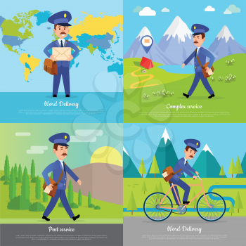 World delivery complex post service banner with postman. Mailman on bicycle rides on road near mountains. Express messenger to any part of the globe. Vector illustration of advertisement set