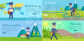 Post service web banners set. Cartoon mailman standing, walking, driving bicycle on world map, mountain landscape background flat vector illustrations. Horizontal concept for mail company landing page