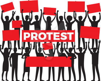 Protest by group of protester silhouette on white. Vector illustration of people in black colour holding red posters and raising their hands. People disagreement and disapproval expressed in protest