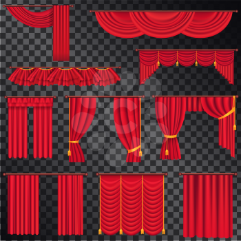 Red curtains for theatre stage collection on black transparent background. Vector poster of classic curtains and their top and lateral parts. Decorative attributes on windows or for theatres