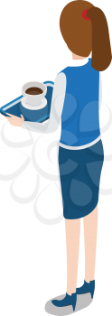 Isolated turned waitress with tray in hands. Cup of black coffee and plate on salver. Waitress wearing dark blue skirt and white shirt. Full length picture of female worker. Flat design. Vector.