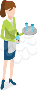 Restaurant. Isolated waitress in blue uniform holding metal tray in one hand and bottle of beverage in another. Full length portrait of standing waitress. Two glasses on salver. Flat design. Vector