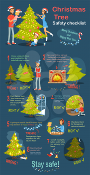 Christmas tree safety cheklist. Merry Christmas and happy New Year. Instructions how to deel with xmas tree. Practical guide to safety. Check again any damages that may have occur. Vector illustration
