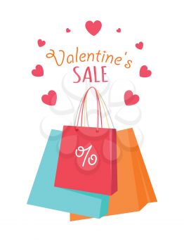 Valentine s sale. Color shopping paper bags with discount percent sign, hearts and lettering flat vector illustration on white background. Buying gifts for romantic holiday. For seasonal promotions