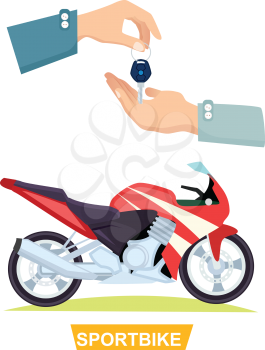 Sportbike with hands and passing key. Process of buying or renting sportbike. Red-black motorbike. Vector illustration of giving key and motorcycle in flat style. Sales and purchase in cartoon design