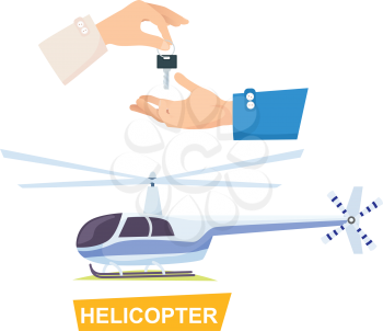 Helicopter and hand passing key vector in flat style. Process of buying or renting helicopter. Illustration of giving key and autogyro. Agreement trade purchase selling concept in cartoon design