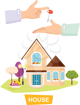 New beautiful house with green garden on white background. Property selling web banner vector illustration. Advertising real estate building for big family. Getting key of future home from realtor.