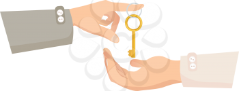 One hand giving key to another. Process of buying renting selling in cartoon style flat design. Vector illustration of two isolated arms with key. Agreement between two people about sales purchase.