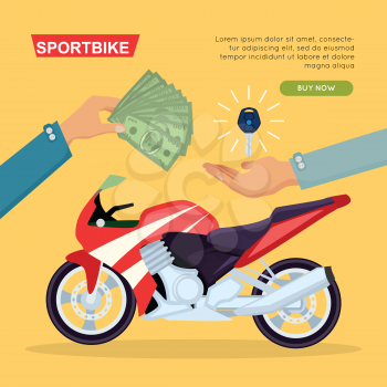 Illustration of buying or selling red sportbike web banner. Hand passing key and giving money on yellow background. Sale process realization purchase. E-commerce online shopping vector web banner