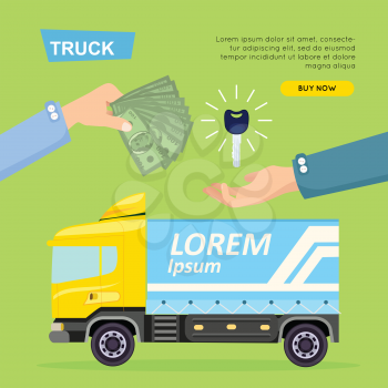 Buying truck online car sale web banner. Encouraging people to buy car. Transport advertising company, e-commerce concept vector illustration. Business agreement getting new keys of truck.