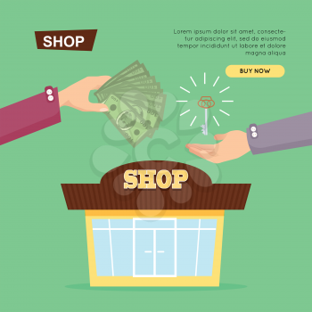 Buying shop online, property selling by cash web banner vector illustration. Advertising real estate e-commerce concept. Getting new key of beautiful shop. Business agreement opening own business.