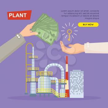 Buying plant online property selling by cash web banner vector illustration. Advertising real estate, e-commerce concept. Producing and recycling goods. Business agreement on opening own business.