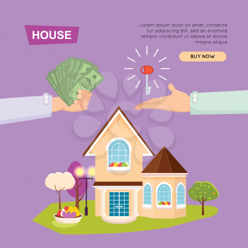 Buying house online property selling by cash web banner vector illustration. Advertising real estate e-commerce concept. Getting new key of beautiful house. Business agreement on customers choice.