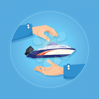 Speed motorboat on blue vector illustration. Black outboard motor installed on rear hull high and white. Two hands present new kind of ship icon in circle. Insurance concept to take care in flat style