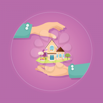 Big brown two-storeyed house with yard and different color trees. Vector illustration. Springline window, brown gable and gazebo roofs. Two hands present icon. Insurance concept. Take care. Flat style