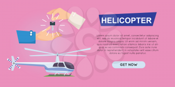 Buying helicopter online plane sale web banner vector illustration. Encouraging customers to buy helicopter. Transport advertising company e-commerce concept. Business agreement. Getting new key.