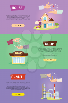 Set of vector illustrations with hands passing keys. Process of buying, selling house shop plant. E-commerce concept of shopping or renting in cartoon design. Sales web banner in flat style.