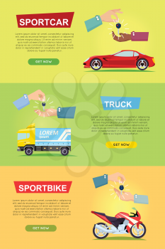 Sportcar truck sportbike banners with hands passing keys on color background. Process of buying, selling modern transportation items. E-commerce shopping in cartoon design web poster in flat style