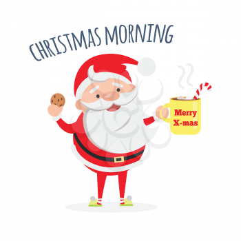 Good morning. Santa Claus with cup of coffee and tasty biscuit. Santa s breakfast. Merry Christmas and Happy New Year concept. Winter holiday illustration. Greeting card. Vector in flat style design