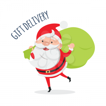 Gift delivery. Santa Claus delivers gifts to children. Fast holiday delivery. Merry Christmas and Happy New Year concept. Winter holiday illustration. Greeting card. Vector in flat style design