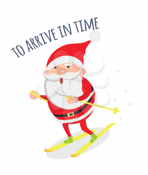 Santa Claus arrive in time. Santa hurries to winter holidays to congratulate people. Merry Christmas and happy New Year concept. Winter holiday illustration. Greeting card. Vector in flat style design