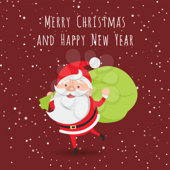Merry Christmas and Happy New Year. Running Santa Claus with big green bag of presents behind back. Dark speckled background. Flat style. Cartoon design. Illustration of happy Santa Claus. Vector