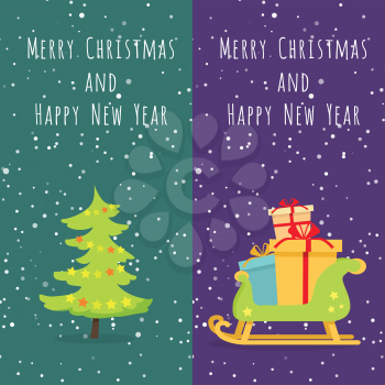 Merry Christmas and Happy New Year. Set of two icons. Illustration of isolated xmas tree. Evergreen tree decorated with toys. Wooden sleigh with many boxes of presents. Cartoon design. Vector