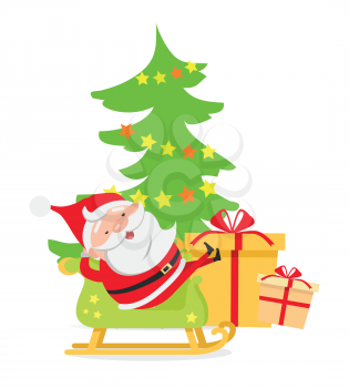 Santa Claus lying in his wooden sleigh near decorated Christmas tree. Different in size and shape boxes of presents. Cartoon design. Evergreen tree adorned with colourful stars. Flat style. Vector