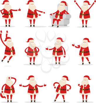 Set of different Santa movements on white background. Doing sport activities to keep fit. He wears red warm coat, trousers, soft hat and gloves, black boots and wide belt vector illustration